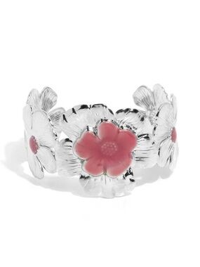 Floral Pink Enamel Silver-Tone cuff bracelet